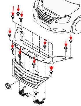 схема крепления решетки радиатора Nissan Sentra B17 (после 2014 года)